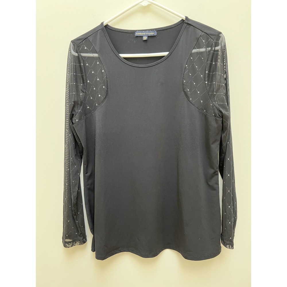 Adrienne Vittadini top black sheer long sleeves with metallic silver accents Lg